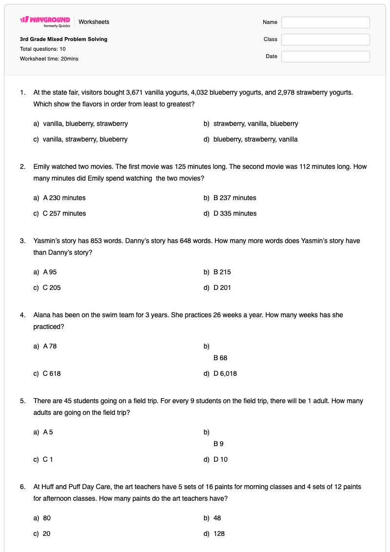 3rd Grade Mixed Problem Solving - Printable Class 3 Worksheets - Wayground