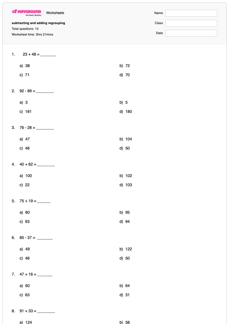 subtracting and adding regrouping - Printable Subtraction Worksheets - Wayground