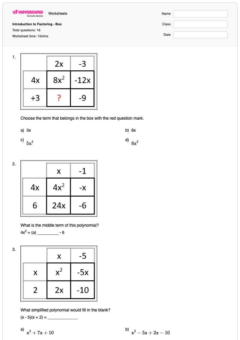 Introduction to Factoring - Box - Printable Polynomial-word-problems Worksheets Class 12 - Wayground