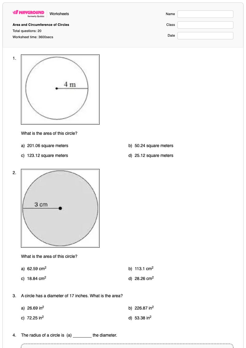 Area and Circumference of Circles - พิมพ์ได้ พื้นที่และเส้นรอบวงของวงกลม เวิร์กชีท - Wayground