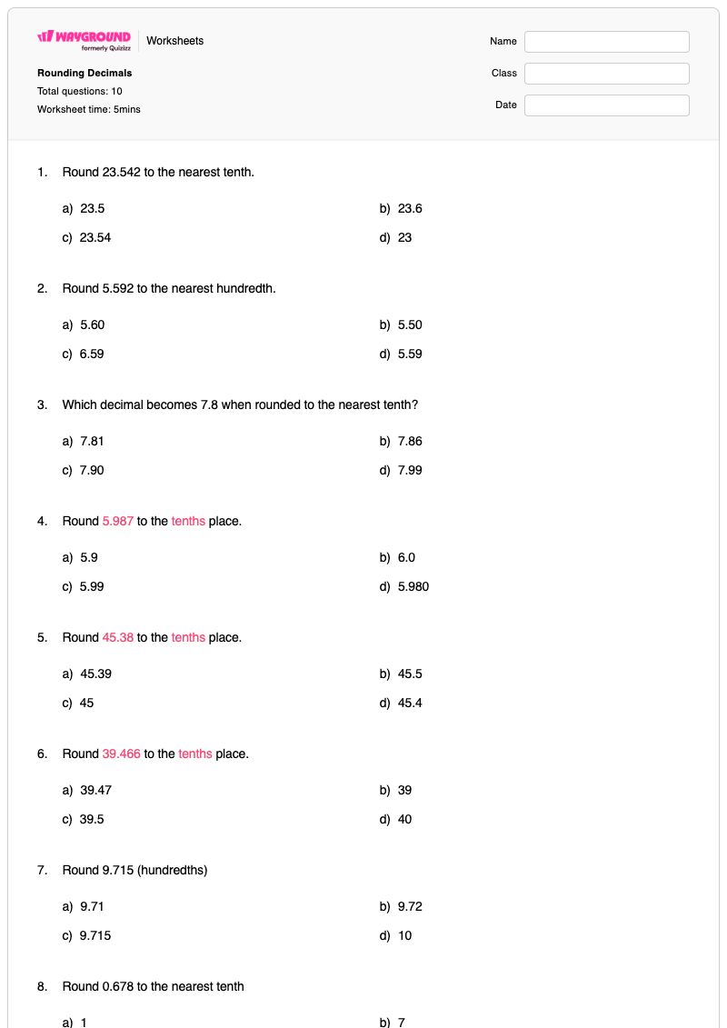 Rounding Decimals  - Printable Tenths-and-hundredths Worksheets - Wayground