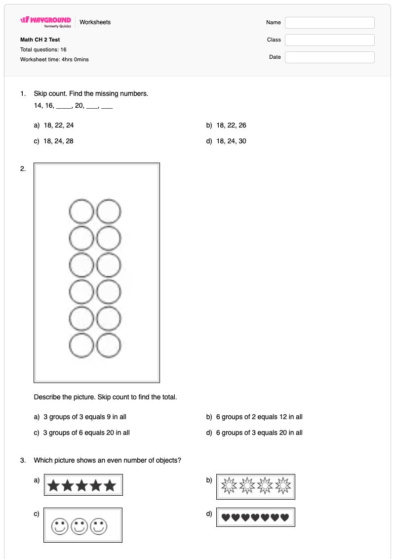 Math CH 2 Test - พิมพ์ได้ Doubles-facts เวิร์กชีท ระดับ 2 - Wayground