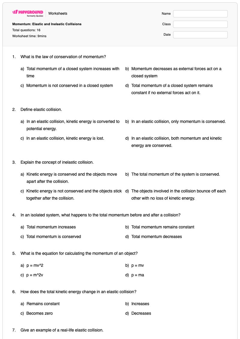 Momentum: Elastic and Inelastic Collisions - พิมพ์ได้ โมเมนตัมและการชนกัน เวิร์กชีท - Wayground