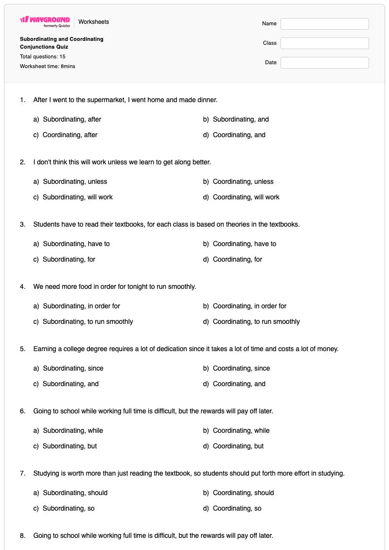 Subordinating and Coordinating Conjunctions Quiz - พิมพ์ได้ คำสันธานประสาน เวิร์กชีท - Wayground