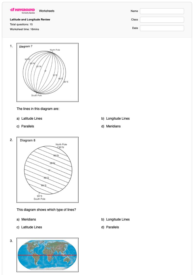 Latitude and Longitude Review - Printable Latitude-and-longitude Worksheets Class 6 - Wayground