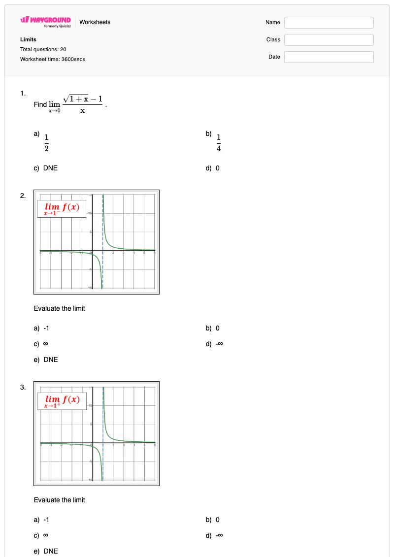 Limits - Printable Calculus Worksheets - Wayground