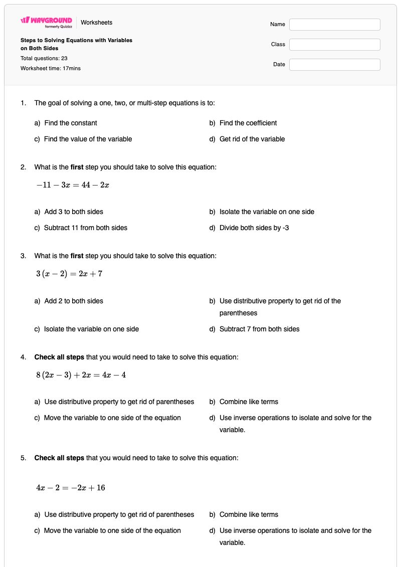 Steps to Solving Equations with Variables on Both Sides - Printable Equations-with-variables-on-both-sides Worksheets Class 8 - Wayground