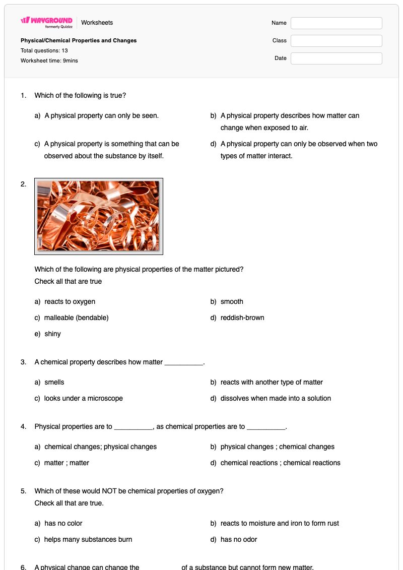 Physical/Chemical Properties and Changes - Printable Chemical-vs-physical-properties Worksheets Year 4 - Wayground