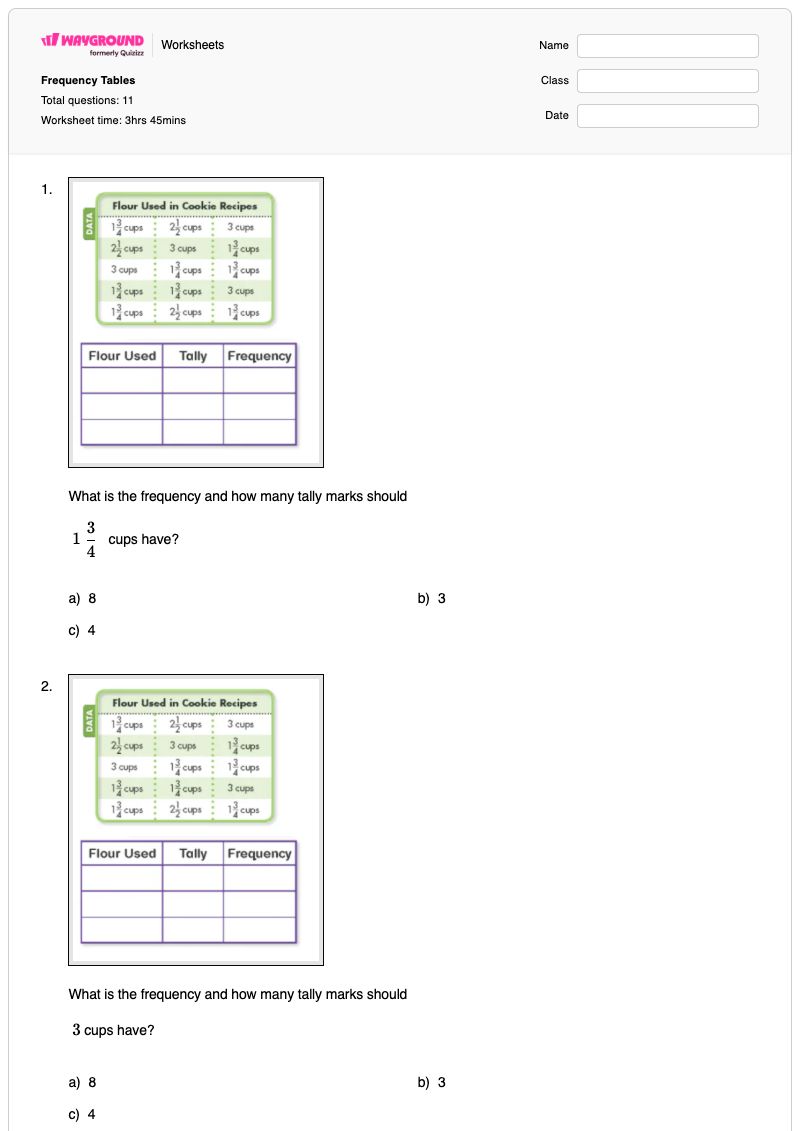 Frequency Tables - พิมพ์ได้ ตารางความถี่ เวิร์กชีท ระดับ 4 - Wayground