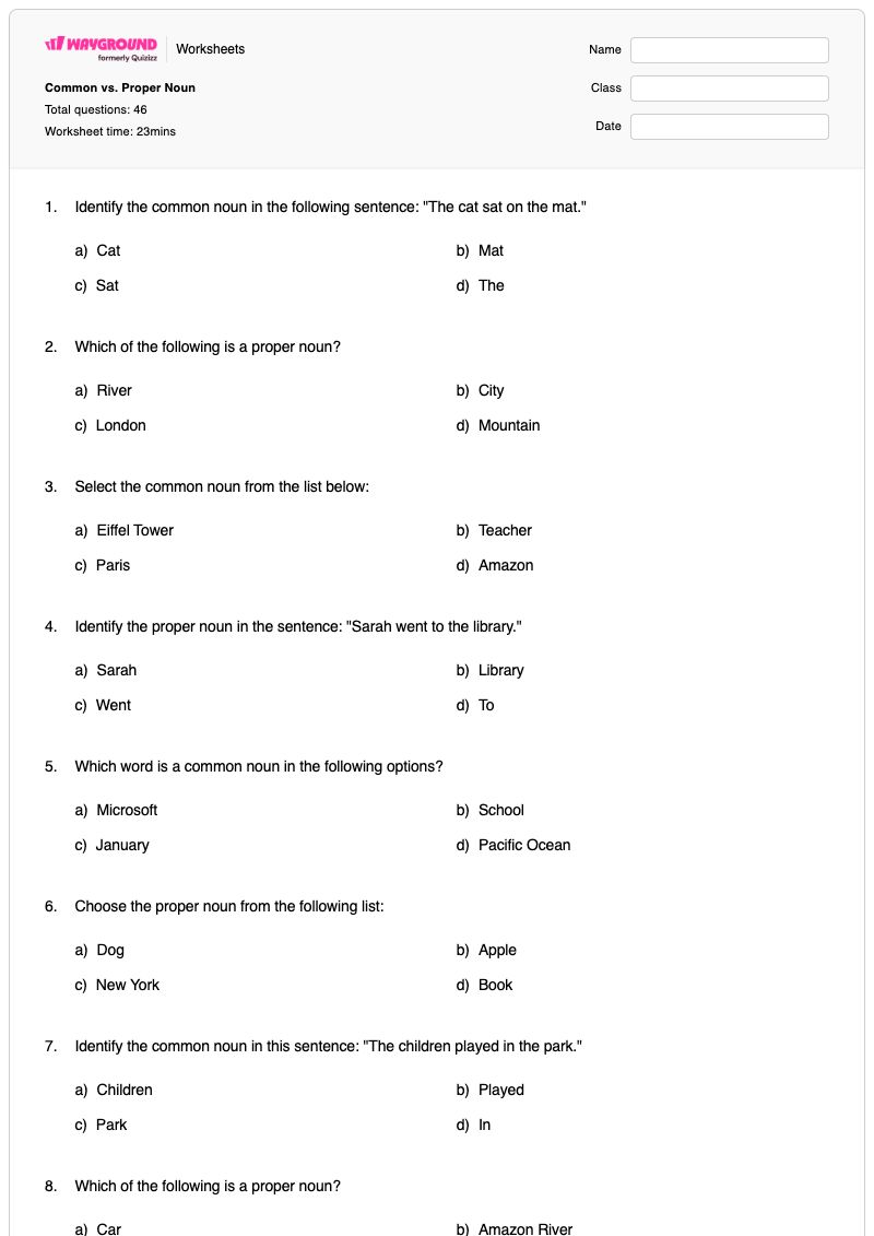 Common vs. Proper Noun  - Printable Proper-nouns Worksheets - Wayground