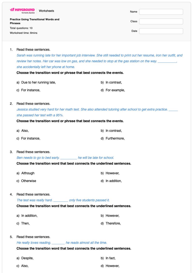 Practice Using Transitional Words and Phrases - Printable Transitional-words-and-phrases Worksheets Grade 7 - Wayground