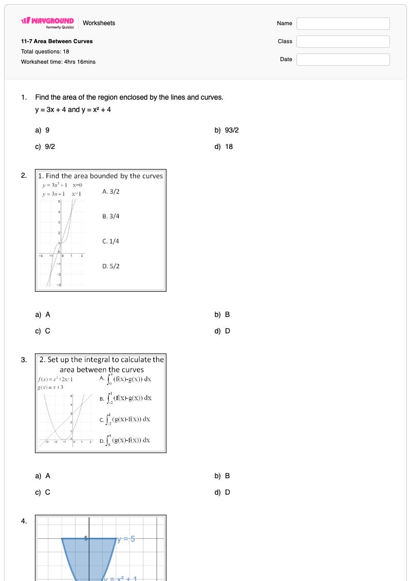 11-7 Area Between Curves - Printable Area-between-curves Worksheets Year 12 - Wayground