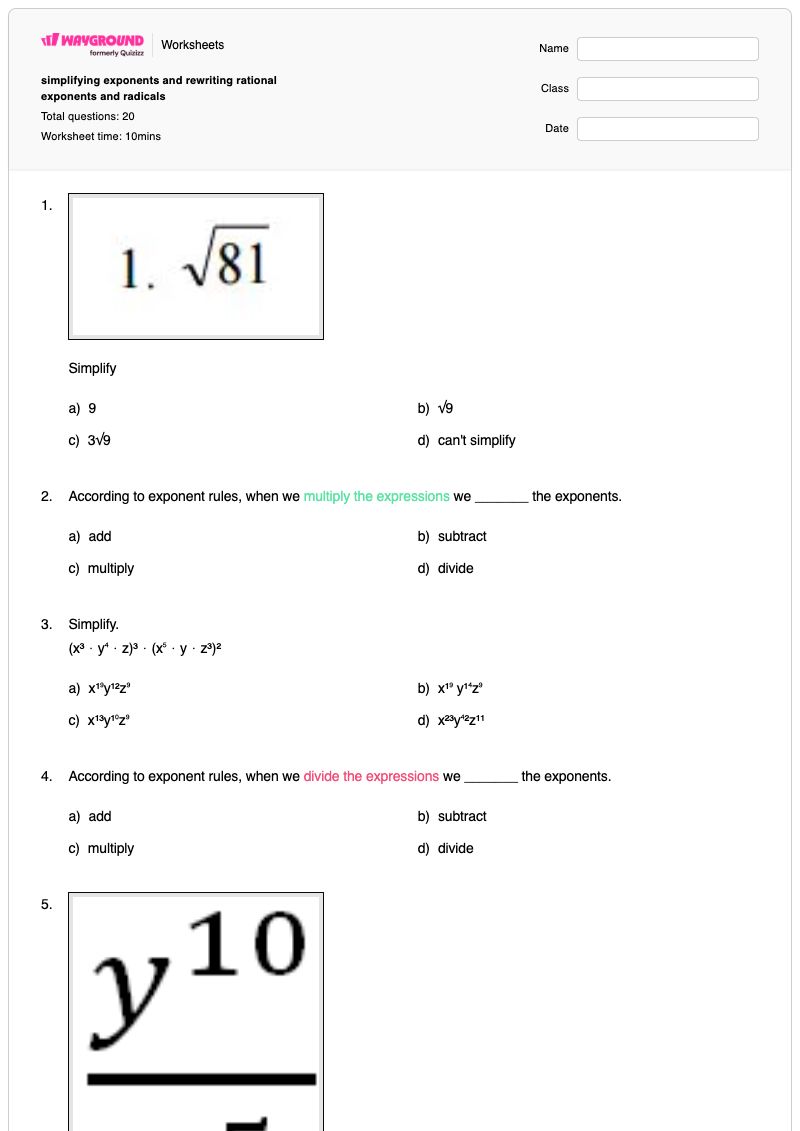 simplifying exponents and rewriting rational exponents and radicals - พิมพ์ได้ การลดรูปรากที่สอง เวิร์กชีท - Wayground