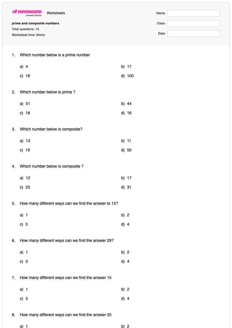 prime and composite numbers - Printable Prime-and-composite-numbers Worksheets Grade 4 - Wayground