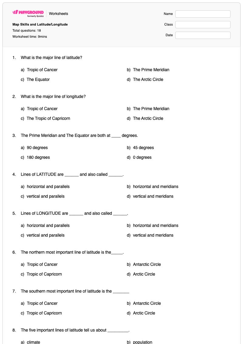 Map Skills and Latitude/Longitude - Printable Meridians-and-parallels Worksheets Class 6 - Wayground