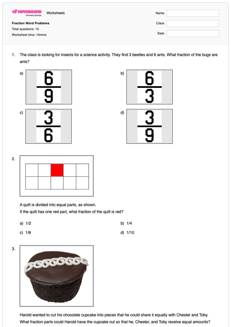 Fraction Word Problems - พิมพ์ได้ โจทย์ปัญหาเกี่ยวกับเศษส่วน เวิร์กชีท ระดับ 3 - Wayground
