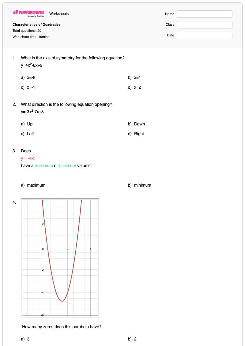 Characteristics of Quadratics - Printable Algebra-2 Worksheets - Wayground