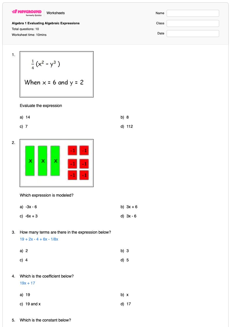 Algebra 1 Evaluating Algebraic Expressions - พิมพ์ได้ การประเมินนิพจน์ เวิร์กชีท - Wayground