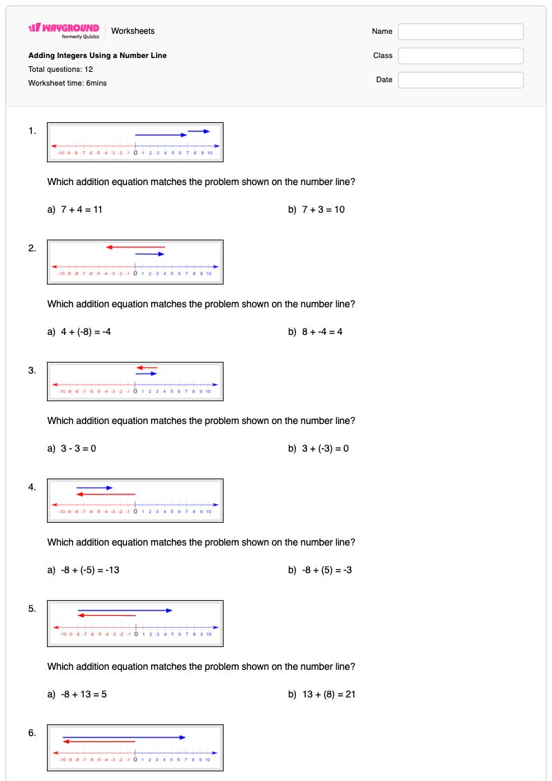 Adding Integers Using a Number Line - Printable Integers-on-a-number-line Worksheets - Wayground