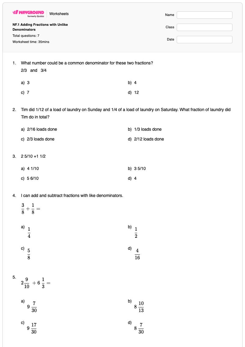 NF.1 Adding Fractions with Unlike Denominators - Printable Adding-fractions-with-like-denominators Worksheets - Wayground
