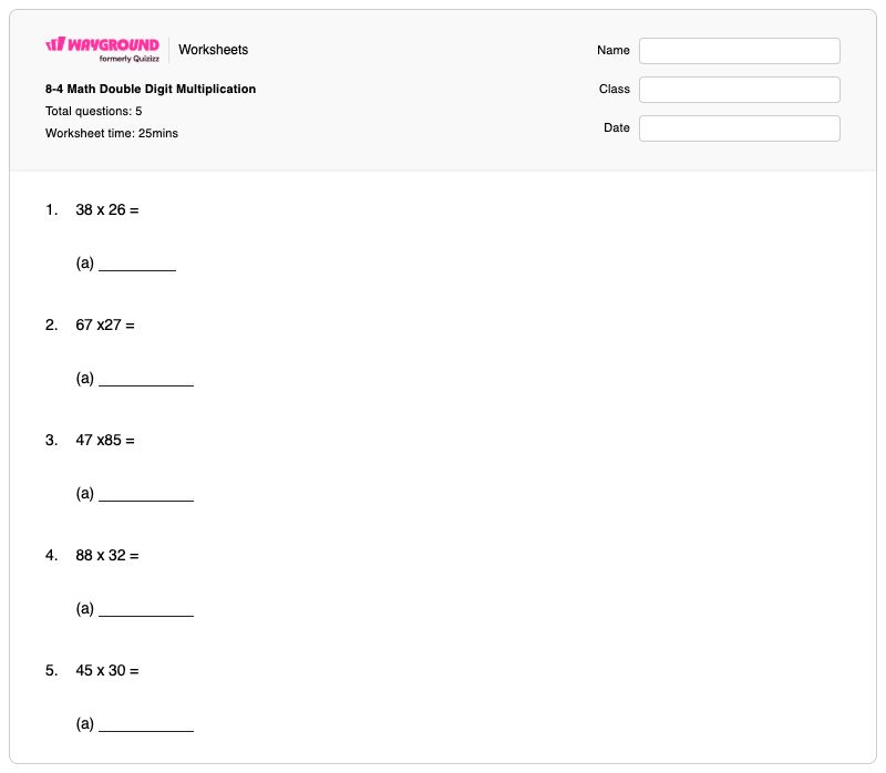 8-4 Math Double Digit Multiplication - Printable Multiplication Worksheets - Wayground