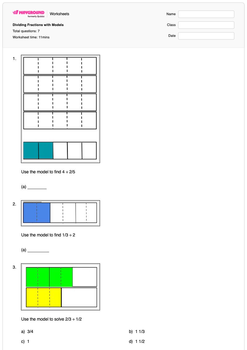 Dividing Fractions with Models - พิมพ์ได้ แบบจำลองเศษส่วน เวิร์กชีท - Wayground