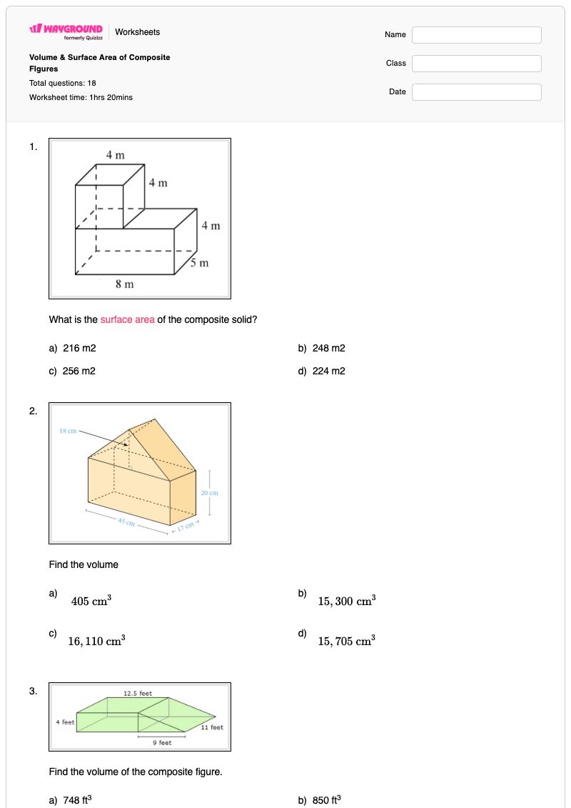 Volume & Surface Area of Composite FIgures - Printable Volume-and-surface-area Worksheets - Wayground