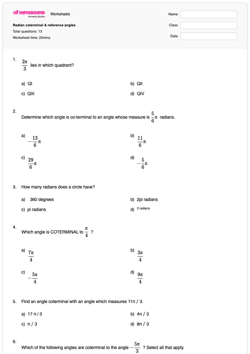 Radian coterminal & reference angles - พิมพ์ได้ Reference-angle เวิร์กชีท ระดับ 12 - Wayground