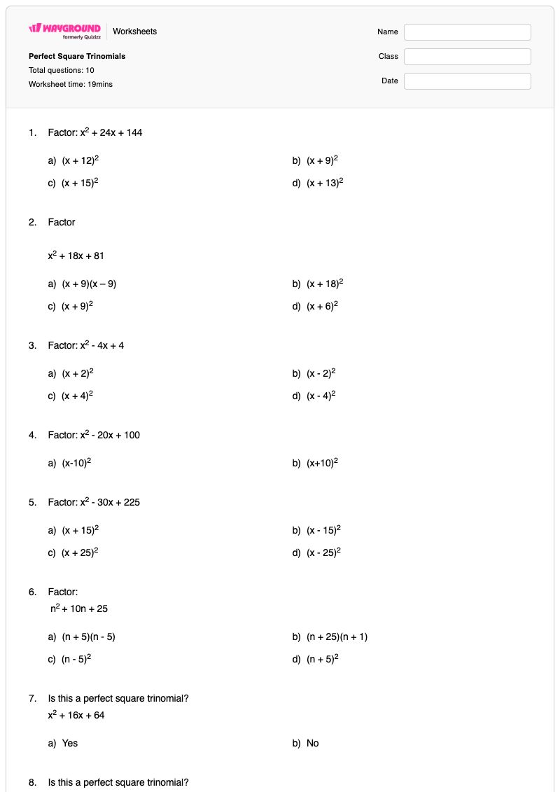 Perfect Square Trinomials - พิมพ์ได้ Perfect-square-trinomial เวิร์กชีท - Wayground