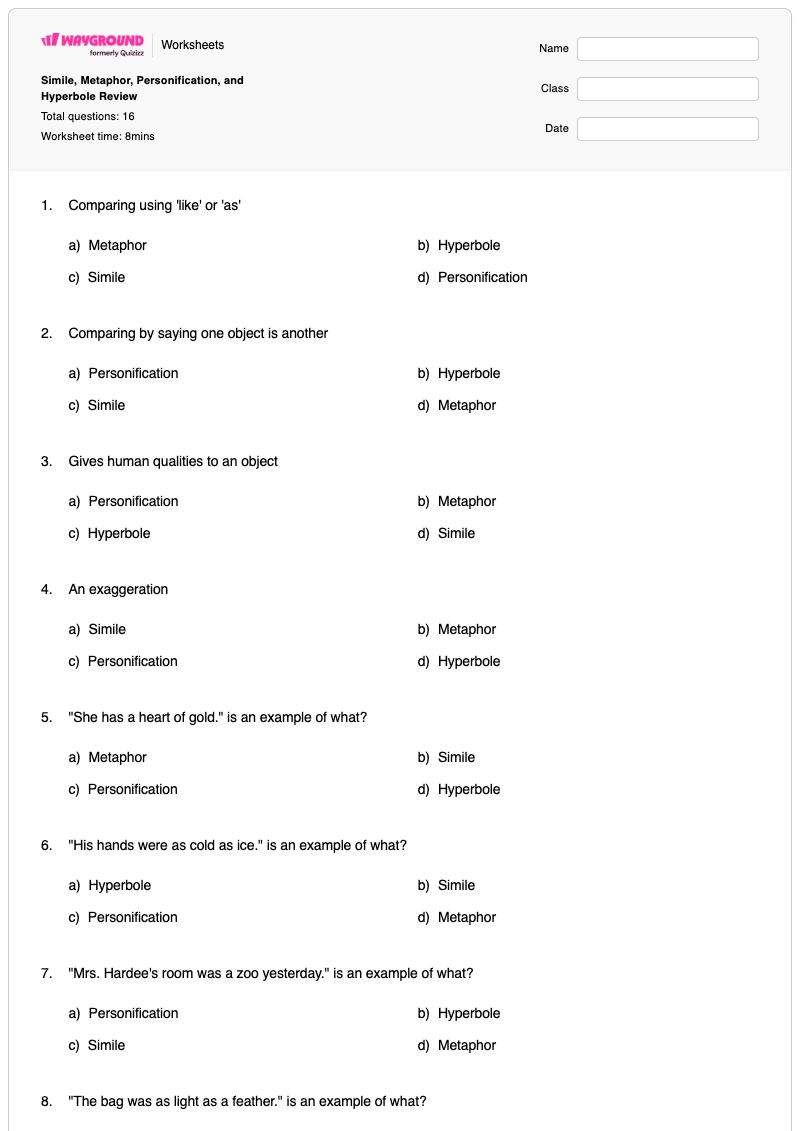 Simile, Metaphor, Personification, and Hyperbole Review - พิมพ์ได้ การกล่าวเกินจริง เวิร์กชีท - Wayground