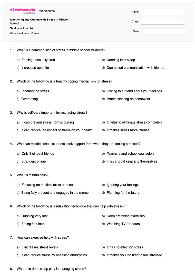 Identifying and Coping with Stress in Middle School - Printable Coping-with-stress Worksheets Grade 6 - Wayground