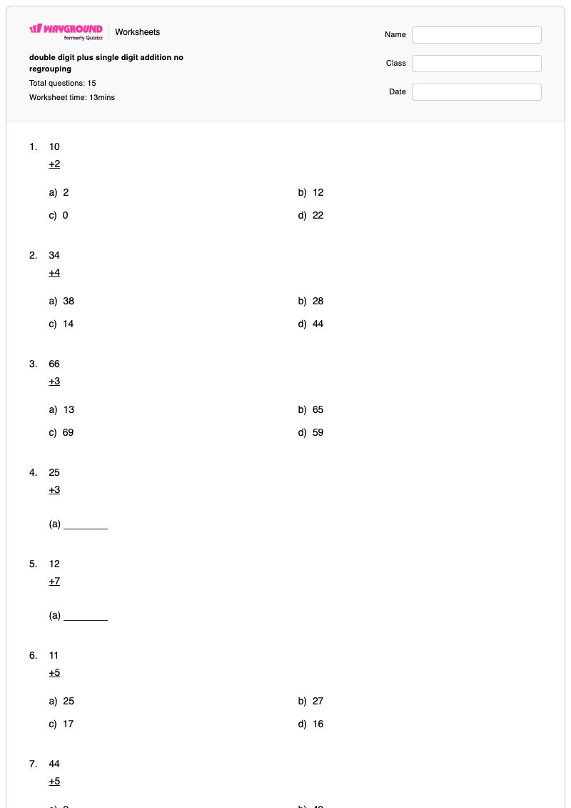 double digit plus single digit addition no regrouping - Printable Addition Worksheets - Wayground