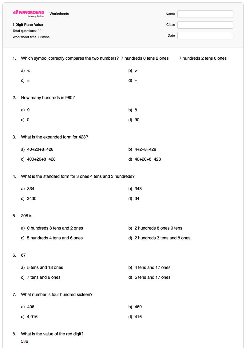 3 Digit Place Value - Printable Value-of-digits Worksheets - Wayground