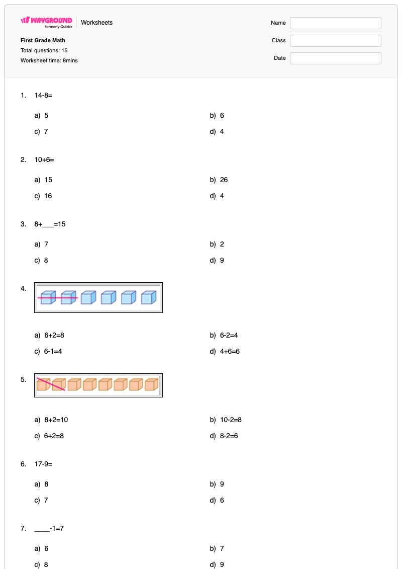 First Grade Math - พิมพ์ได้ การบวกและการลบ เวิร์กชีท ระดับ 1 - Wayground