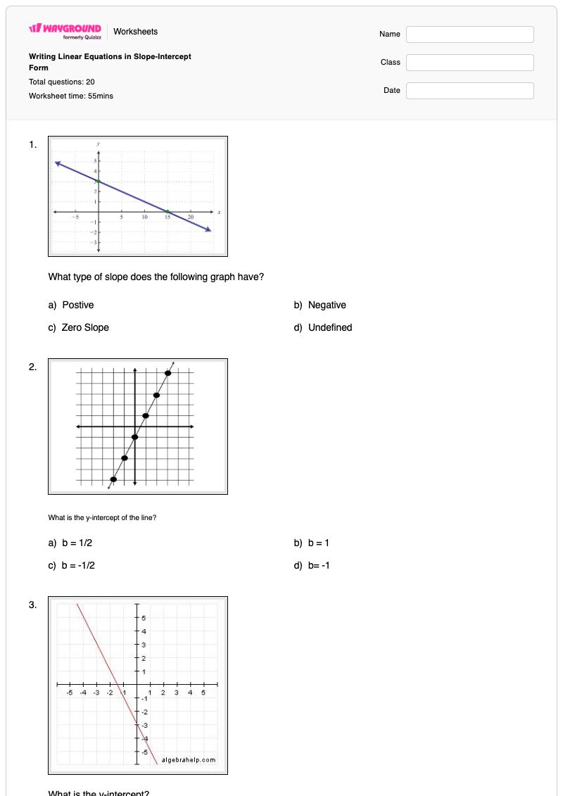 Writing Linear Equations in Slope-Intercept Form - พิมพ์ได้ รูปแบบความชัน-จุดตัดแกน เวิร์กชีท - Wayground