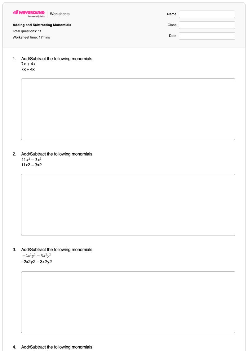 Adding and Subtracting Monomials - พิมพ์ได้ Addition-and-subtraction เวิร์กชีท - Wayground