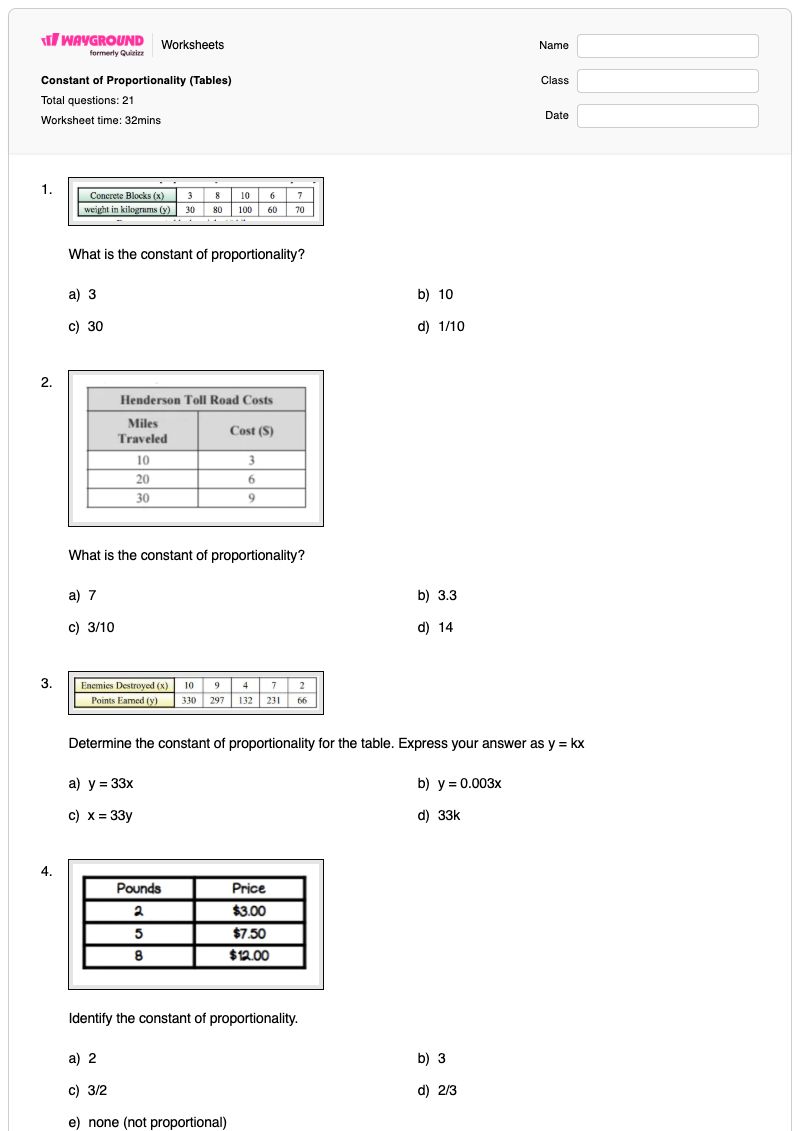 Constant of Proportionality (Tables) - Free Printable Worksheet | Wayground