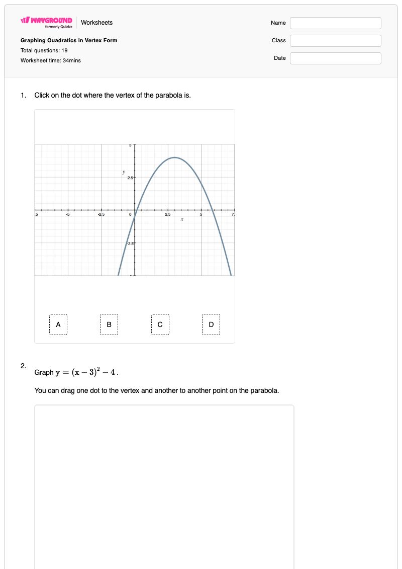 Graphing Quadratics in Vertex Form - พิมพ์ได้ แบบฟอร์มจุดยอด เวิร์กชีท ระดับ 9 - Wayground