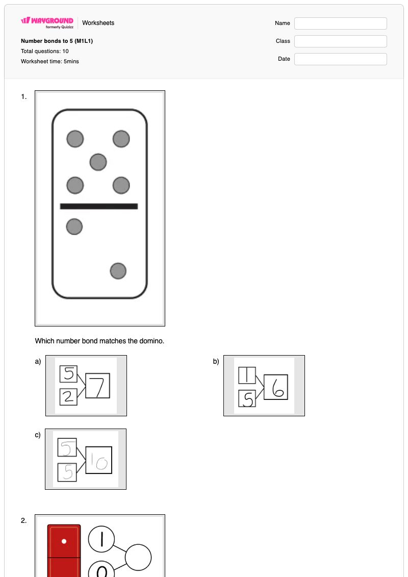 Number bonds to 5 (M1L1) - Printable Bonds-to-5 Worksheets Grade 1 - Wayground