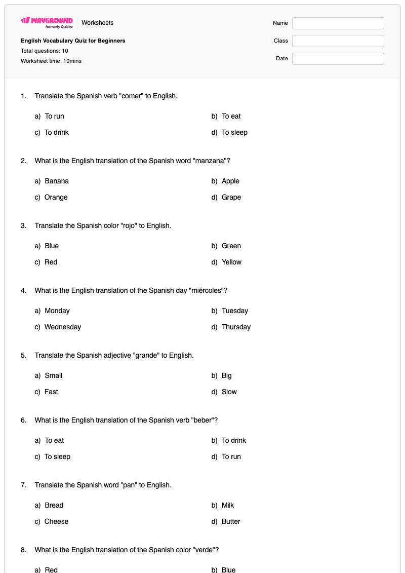 English Vocabulary Quiz for Beginners - พิมพ์ได้ ภาษาอังกฤษสำหรับผู้เริ่มต้น เวิร์กชีท - Wayground