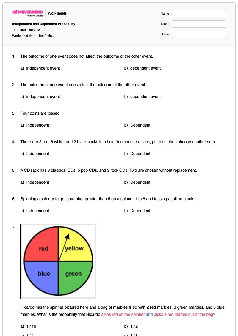 Independent and Dependent Probability - Printable Independent-and-dependent-events Worksheets - Wayground