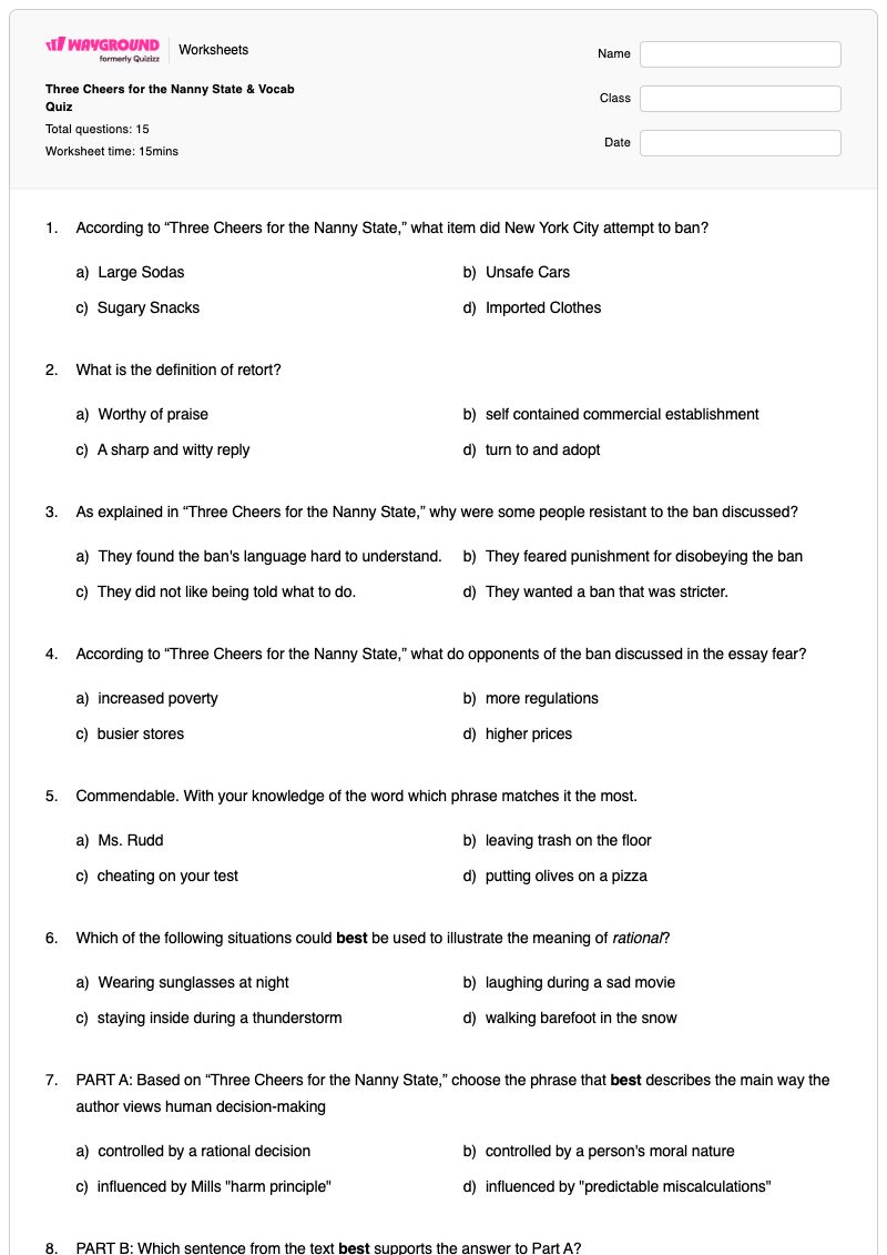 Three Cheers for the Nanny State & Vocab Quiz - พิมพ์ได้ โครงสร้างสามองก์ เวิร์กชีท ระดับ 8 - Wayground