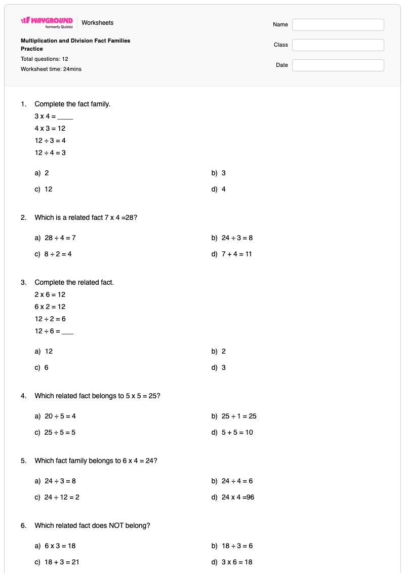 Multiplication and Division Fact Families Practice - Printable Number-families Worksheets Year 4 - Wayground