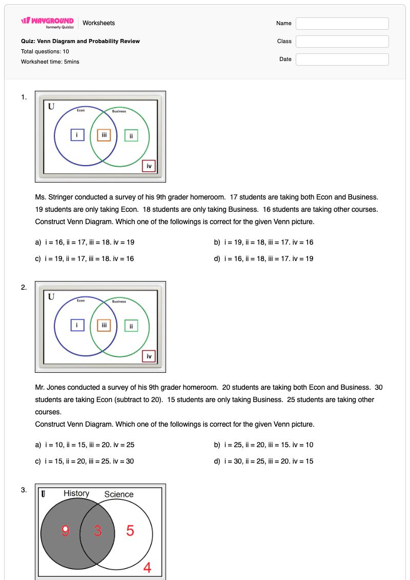 Quiz: Venn Diagram and Probability Review - Printable Venn-diagrams Worksheets - Wayground