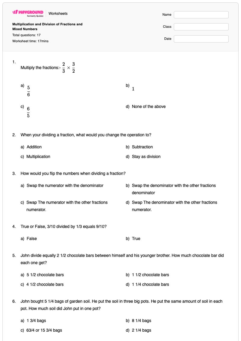 Multiplication and Division of Fractions and Mixed Numbers - พิมพ์ได้ Mixed-multiplication-and-division เวิร์กชีท - Wayground