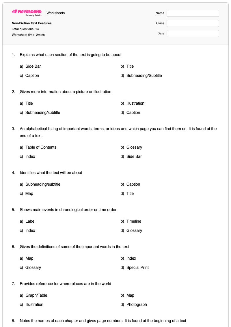 Non-Fiction Text Features - Printable Fiction-text-features Worksheets - Wayground