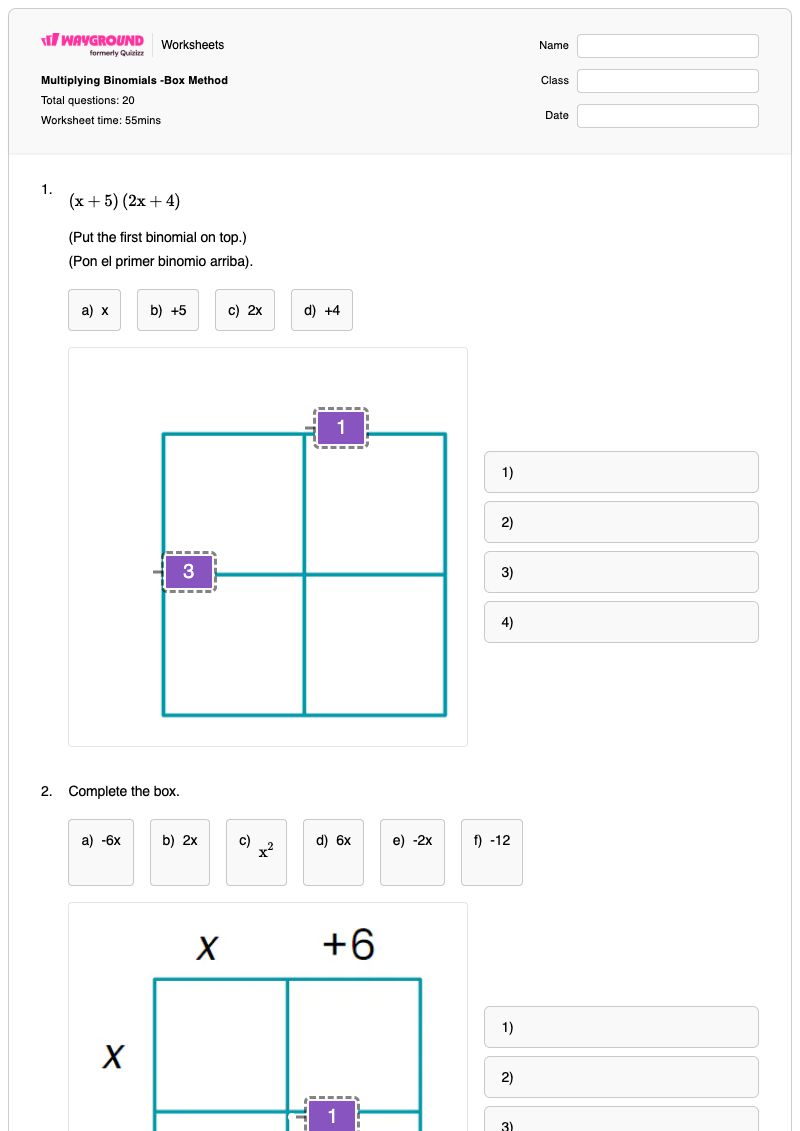 Multiplying Binomials -Box Method  - พิมพ์ได้ การคูณพหุนาม เวิร์กชีท ระดับ 12 - Wayground