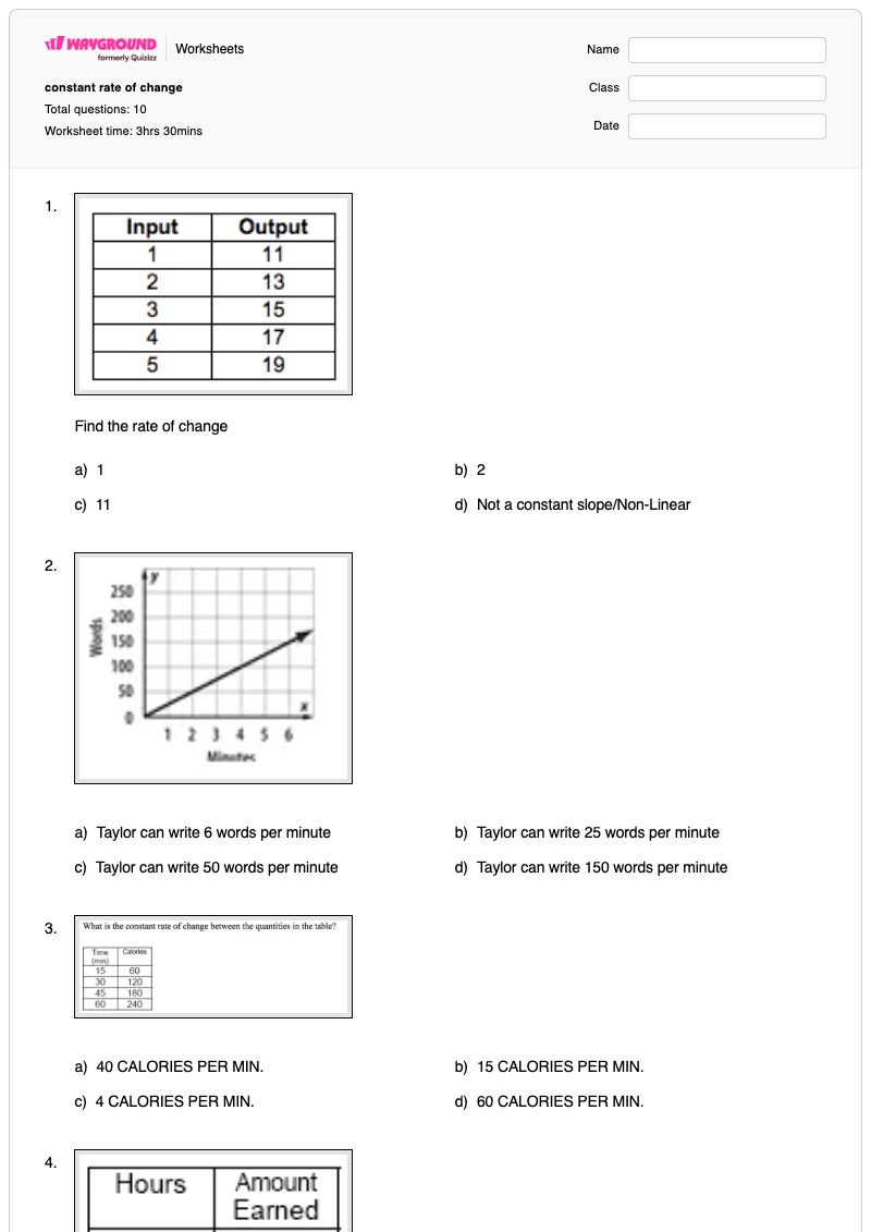 constant rate of change - Printable Rate-of-change Worksheets - Wayground