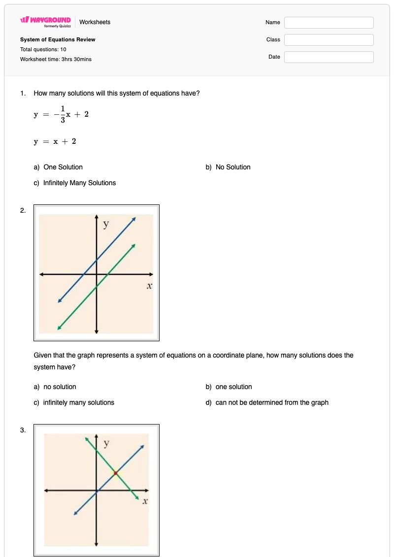 System of Equations Review - พิมพ์ได้ การตรวจสอบคำตอบของสมการ เวิร์กชีท - Wayground
