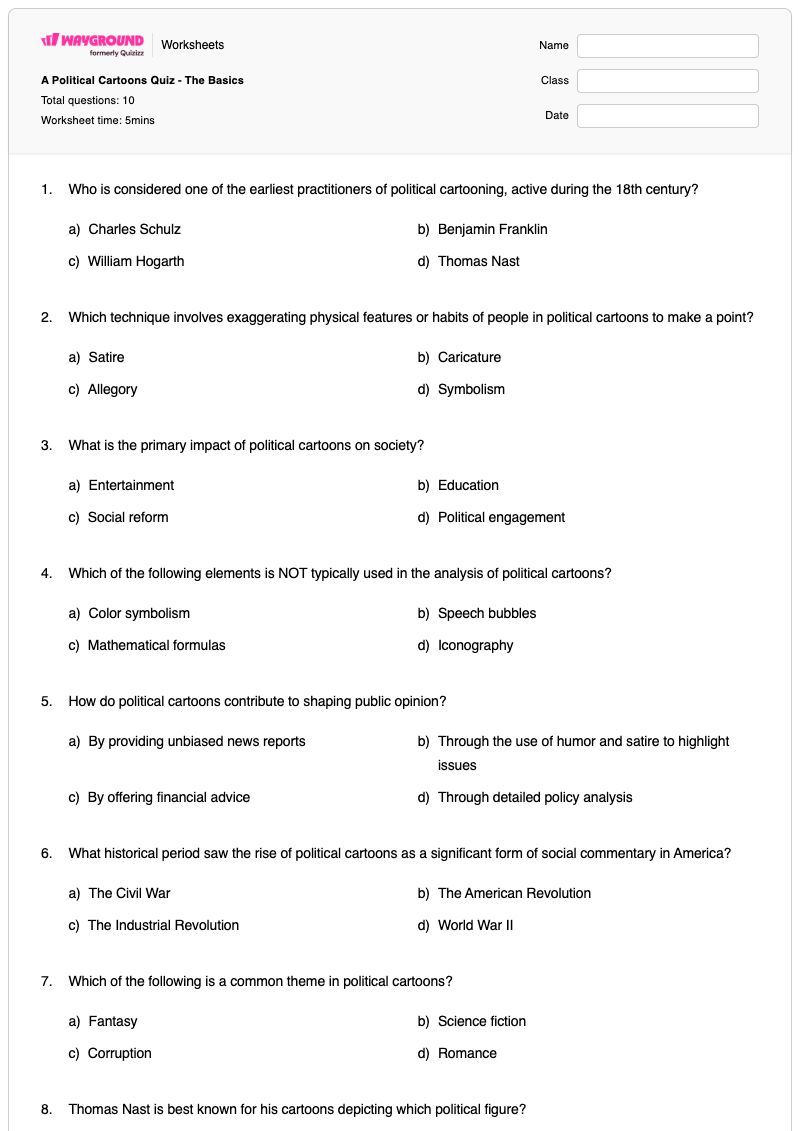 A Political Cartoons Quiz - The Basics - Printable Analyzing-political-cartoons Worksheets Grade 12 - Wayground